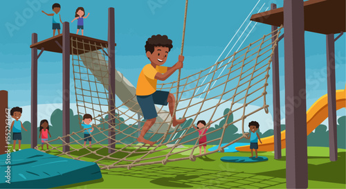 Boy climbing on rope net at water park with children playing  