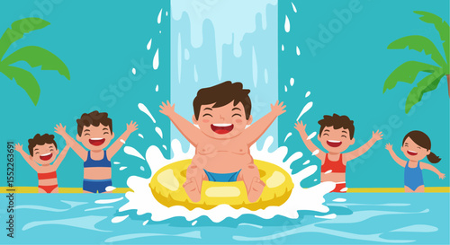 Happy children playing in water park with splashing water elements  