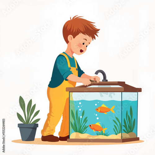 Joyful boy cleaning fish tank at home, nurturing responsibility