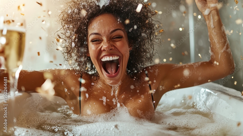 Obraz premium A jubilant woman splashes joyfully in a bubbling hot tub, celebrating life and happiness, surrounded by festive elements that enhance the festive mood of relaxation.