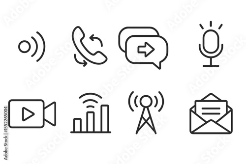 Animated Communication Icons. Line style icons of animated communication: voice wave ripple, call connect, chat reply, mic tap,