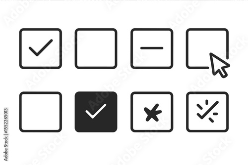 Interactive Checkbox Icons. Line style icons of interactive checkboxes: checked box, unchecked box, indeterminate box, hover