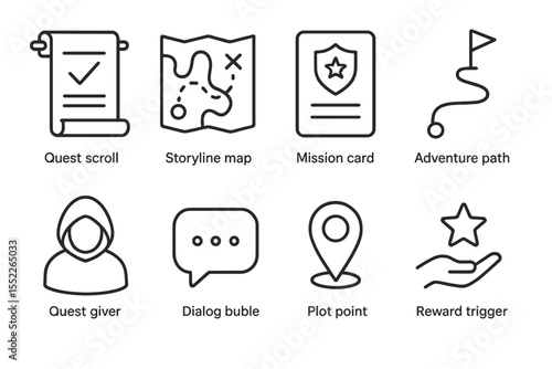 Quest Icons Collection. Line style icons of storytelling and quests: quest scroll, storyline map, mission card, adventure path,
