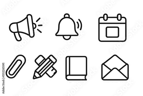 Line Style Icons. Line style icons of stickers: megaphone shout sticker, bell ring sticker, calendar date sticker, to-do list