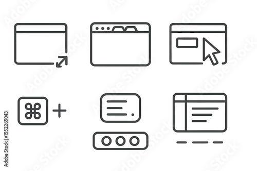 Desktop UX Icons. Line style icons of desktop UX: resizable windows, multi-tab browser, hover state, drag cursor, keyboard