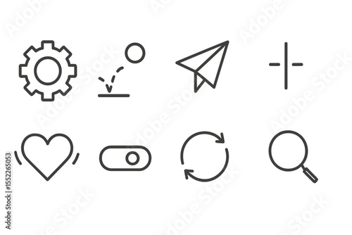 Animated Icon Collection. Line style icons of animated actions: spinning gear, bouncing ball, flying paper plane, blinking cursor,