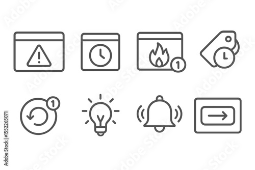 Push Notification Icons. Line style icons of push and nudges: alert popup, daily reminder, streak notification, limited time offer