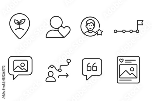 Brand Storytelling Icons. Line style icons of brand storytelling: origin icon, brand values, founder icon, story timeline,