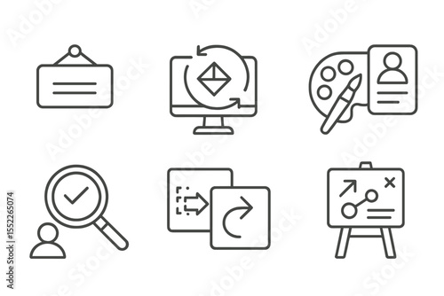 Rebranding Icons Collection. Line style icons of rebranding process: name change, logo update, palette switch, identity refresh,