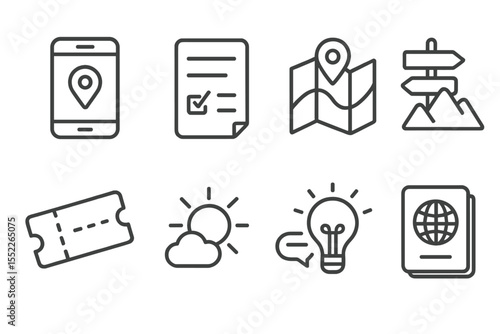 Travel App Icons. Line style icons of travel app logos: booking app icon, itinerary app icon, map icon, guide app icon, ticket app