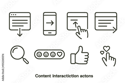 Interactive Icon Set. Line style icons of content interaction: scroll depth, swipe right, tap expand, read more, zoom icon,