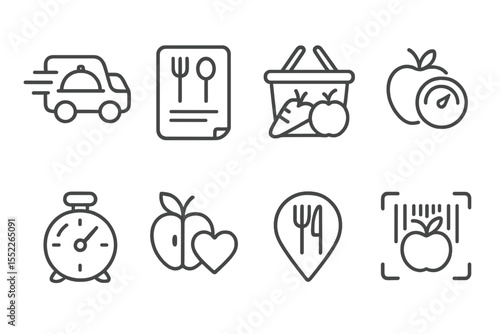 Food App Icon Set. Line style icons of food app logos: delivery app icon, recipe app icon, grocery app icon, calorie counter icon,