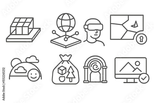 Metaverse Architect Icons. Line style icons of metaverse architects: virtual plot, structure node, avatar access, space zoning,