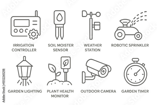Garden Automation Icons. Line style icons of garden automation: irrigation controller, soil moisture sensor, weather station,