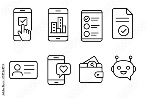 Digital Governance Icons. Line style icons of digital governance: online voting icon, city app interface, public poll screen,