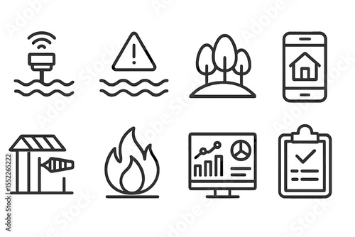 Urban Climate Icons. Line style icons of urban climate resilience: flood zone sensor, sea level alert, green buffer area,