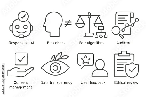 Ethical Data Icons. Line style icons of ethical data use: responsible AI, bias check, fair algorithm, audit trail, consent