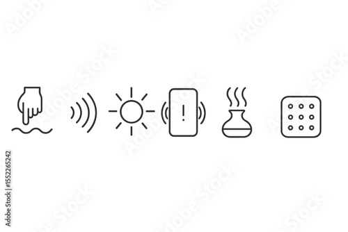 Sensory Design Icons. Line style icons of sensory design: tactile feedback, sound wave, light glow, vibration alert, temperature