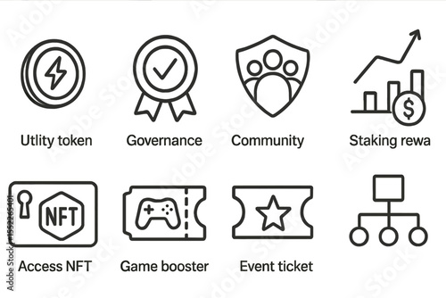 NFT Marketplace Icons. Line style icons of NFT and token marketplaces: token utility icon, governance vote badge, community pass