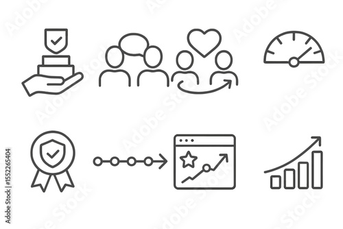 Psychology Icons in Business. Line style icons of psychology in business: trust building block, rapport development icon,