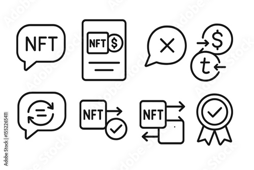 NFT Marketplace Icons. Line style icons of NFT and token marketplaces: NFT messaging icon, trade offer screen, negotiation chat