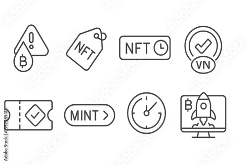 NFT Market Icons. Line style icons of NFT and token marketplaces: token drop alert, limited edition tag, countdown banner,