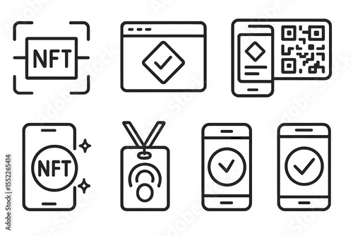 NFT Token Icons. Line style icons of NFT and token marketplaces: NFT scanning icon, asset validation tool, mobile view card, QR