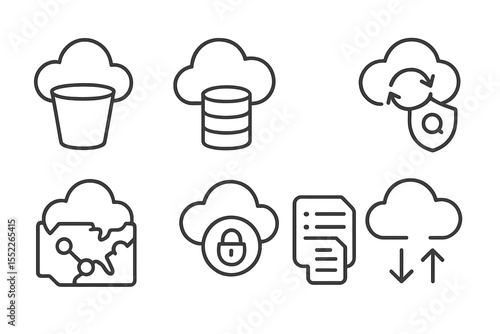 Cloud Engineering Icons. Line style icons of cloud engineering systems: cloud storage bucket, object storage icon, file sync cloud