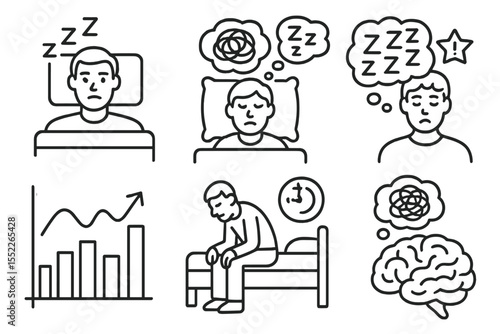 Sleep Challenges Icons. Line style icons of sleep and health: insomnia symbol, difficulty falling asleep icon, racing thoughts