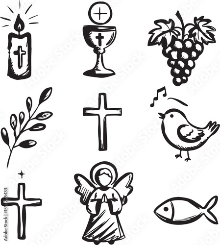Religious Christian Symbols of Faith Depicting Christianity and Spirituality Including a Cross, Angel, Bird, Fish, and Candle