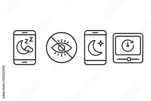 Sleep Health Icons. Line style icons of sleep and health: nighttime screen filter icon, blue light blocker badge, night mode phone
