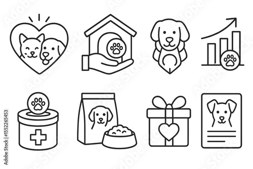 Animal Rescue Icons. Line style icons of crowdfunding and donations: animal rescue campaign, pet shelter donation icon, animal