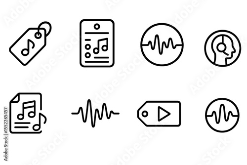 Sound Design Icons. Line style icons of sound design and podcasting: audio branding icon, tone palette card, sonic identity wave,