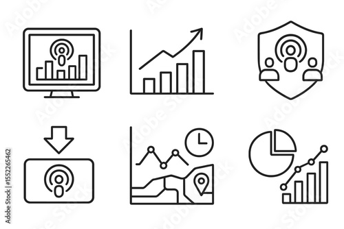 Podcast Analytics Icons. Line style icons of sound design and podcasting: podcast statistics chart, listener growth graph,