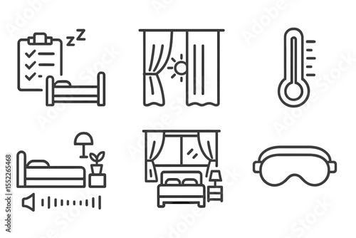 Sleep Environment Icons. Line style icons of sleep and health: sleep environment checklist, blackout curtain icon, room