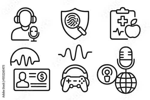 Podcast Icon Set. Line style icons of sound design and podcasting: podcast niche icon, true crime badge, health show symbol, tech