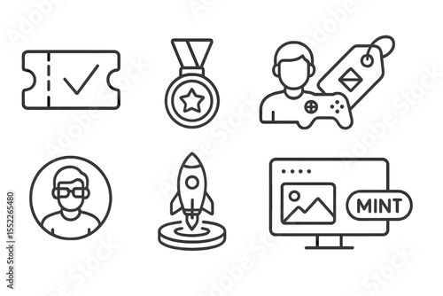Blockchain Gaming Icons. Line style icons of blockchain gaming (GameFi): whitelist entry ticket, early access badge, exclusive pre