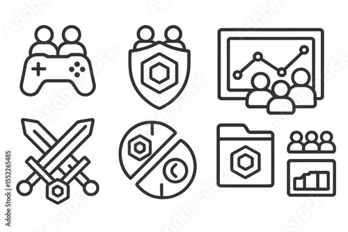 GameFi Icon Set. Line style icons of blockchain gaming (GameFi): gaming guild icon, DAO clan badge, shared treasury vault, team