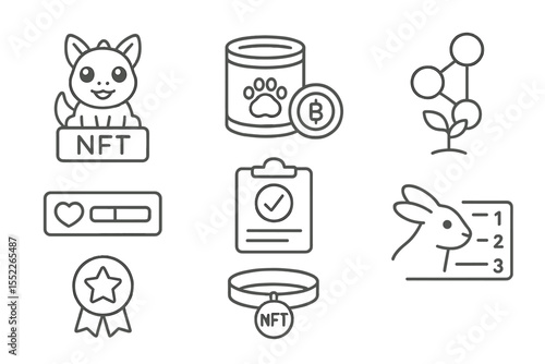 Blockchain Gaming Icons. Line style icons of blockchain gaming (GameFi): virtual pet NFT, pet food token, training task icon,