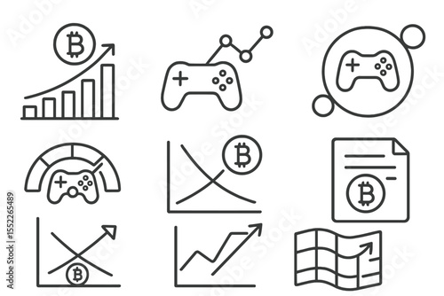 GameFi Iconography. Line style icons of blockchain gaming (GameFi): token inflation chart, price fluctuation icon, market bubble