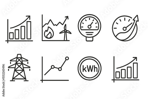 Climate Analytics Icons. Line style icons of climate analytics: energy consumption chart, fossil vs renewable graph, power usage