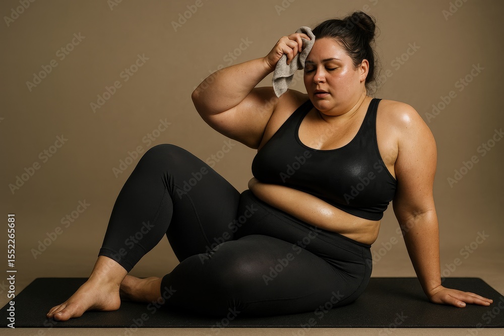 Obraz premium plus size woman in black sportswear wiping sweat on yoga mat