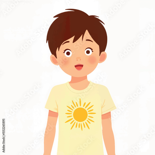 Cheerful child wearing sun sticker shirt, bright illustration concept