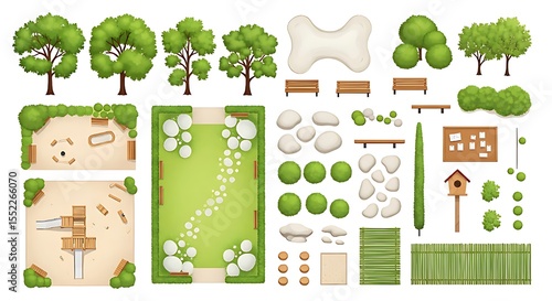 Top View Landscape Design Elements Green Park Playground Plan Garden Layout Trees Bushes Benches Stones Sandbox