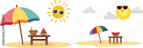 summer vector design sets. beach chairs and umbrellas. summer beach symbols collection bundle