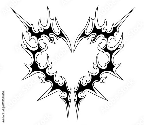 Tribal Flame Heart Tattoo Design with Symmetrical Spikes – Black Vector Emblem Representing Passion, Pain, Love, and Power in Gothic Style for Tattoo Art, Subculture Aesthetics, or Graphic Design Use