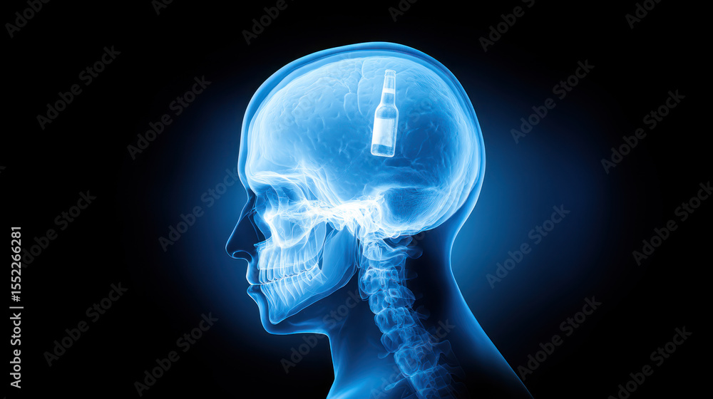 Obraz premium Skull X-ray with silhouette of bottle inside - concept of alcohol dependence