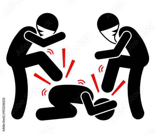 Masked Attackers Beating a Person Lying on the Ground – Physical Assault, Street Violence, Crime, Harassment, or Urban Danger for Awareness and Safety Campaigns
