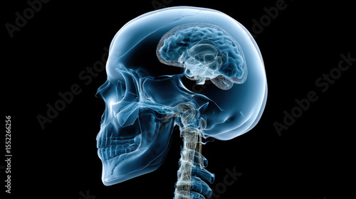 X-ray image of human skull with tiny brain - symbol of memory loss, low intelligence