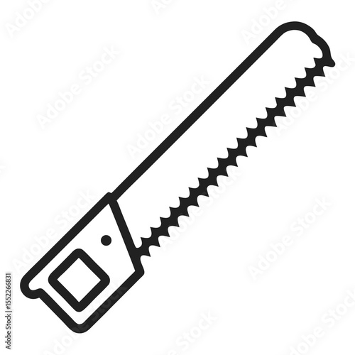 Simple black line drawing icon of a hand saw on a white background